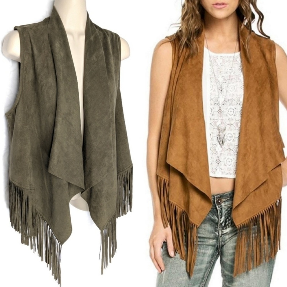 Mittoshop Faux Suede Fringed Festival Vest Sz S
